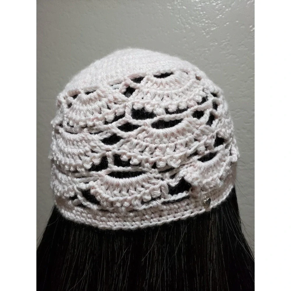 Handmade Crochet Chain Mesh Beanie Knit Cottage Mystic Fairy Lacy Coquette Pink